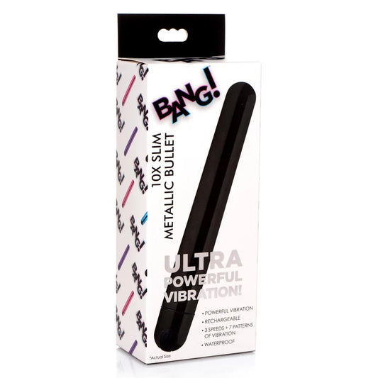 10X Slim Metallic Bullet Vibrator – Black – Rechargeable 5.5"