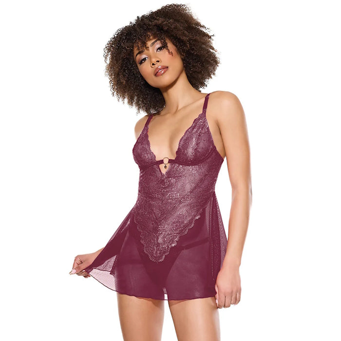 PINK PUSSYCAT BABYDOLL & THONG - SMALL - BURGUNDY