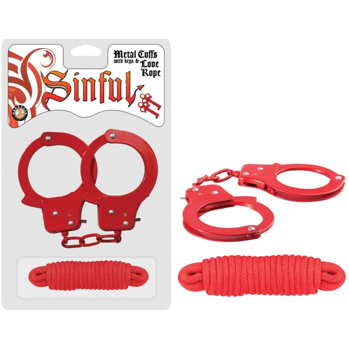 SINFUL METAL CUFFS WITH KEYS &AMP; LOVE ROPE - RED
