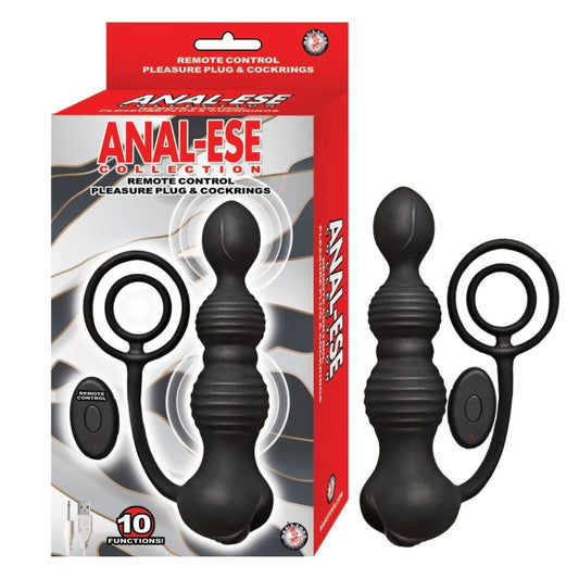 ANAL-ESE REMOTE CONTROL PLEASURE PLUG & COCKRINGS-BLACK
