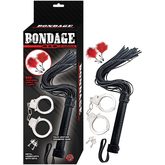 BONDAGE BY NASSTOYS WHIP, FEATHER & CUFFS-RED