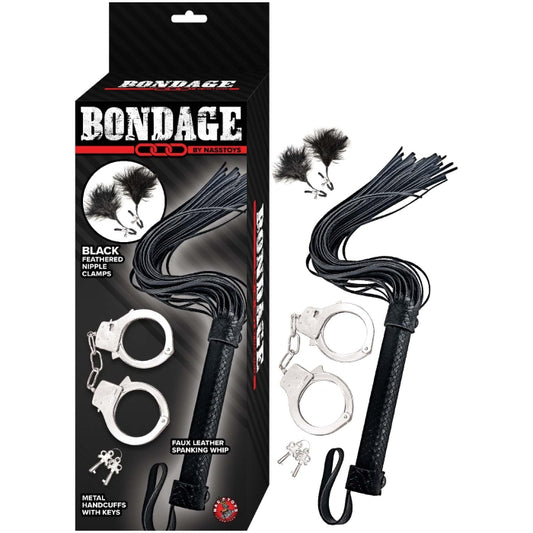 BONDAGE BY NASSTOYS WHIP, FEATHER & CUFFS-BLACK