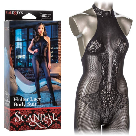 SCANDAL HALTER LACE BODYSUIT - BLACK