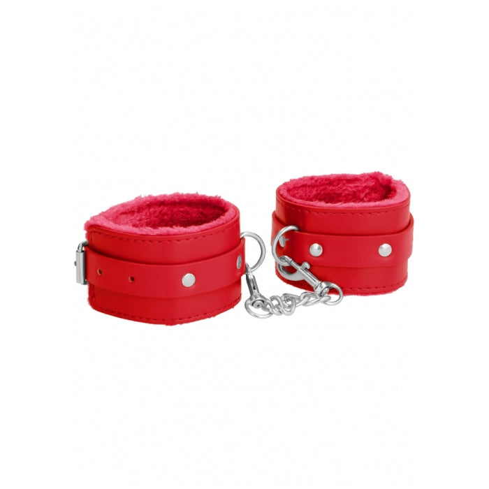 OUCH! PLUSH LEATHER HAND CUFFS - RED