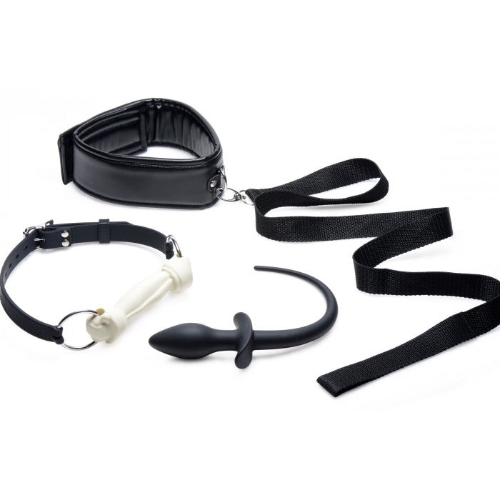 PUPPY PLAY SET BONE GAG, TAIL ANAL PLUG & COLLAR - BLACK