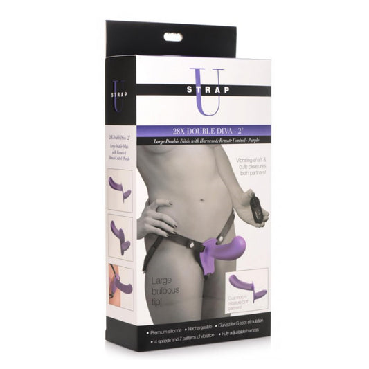 SU 28X DOUBLE DEVA 2" DOUBLE DILDO W/HARNESS REMOTE - PURPLE