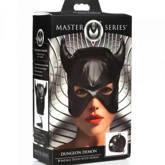 DUNGEON DEMON BONDAGE HOOD WITH HORNS - BLACK