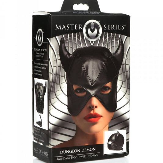 DUNGEON DEMON BONDAGE HOOD WITH HORNS - BLACK